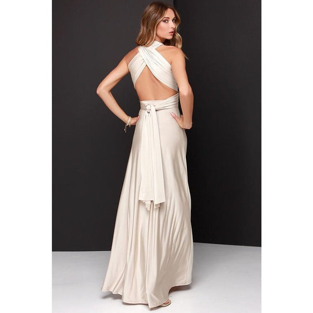 Women's Sexy Long Party Dress Club Floor-Length Summer Backless Bandage Maxi Dress Multiway Bridesmaids Boho Women Dress Vestidos Beige / M
