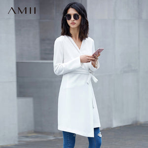 Amii Minimalist Casual Women Dress 2018 V-Neck Knee High Long Sleeve Solid Dresses - 64 Corp