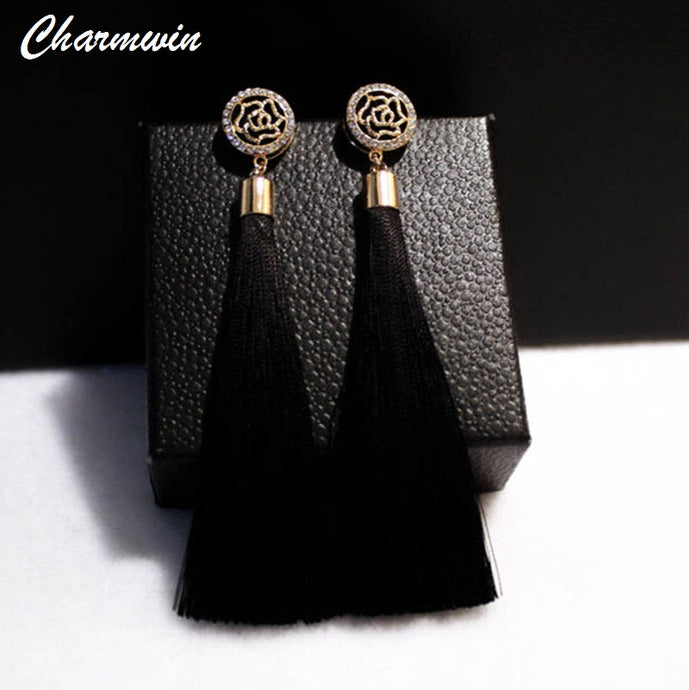 Charmwin Fashion Brand Camellia Earrings Exaggerated Vintage Rhinestone Crystal Long Tassel Dangle Earrings For Women PE1104 - 64 Corp