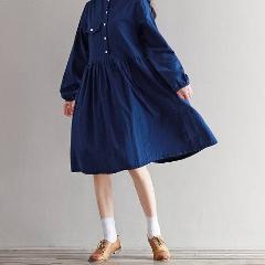 La MaxPa Mori Girl Preppy Style Spring Autumn Dress Stand Collar Long Sleeve High Waist Pleated Loose Artsy Shirt Dress - 64 Corp