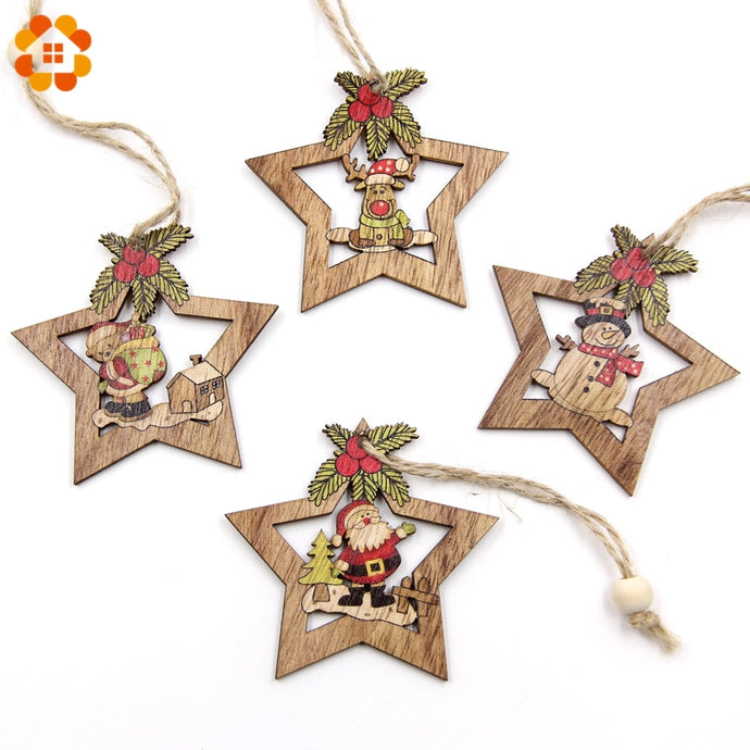 4PCS Christmas Star Wooden Pendants Ornaments Xmas Tree Ornament DIY Wood Crafts Kids Gift for Home Christmas Party Decorations