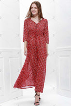 Printed High Slit Maxi Dress with Sleeves - Red - L - 64 Corp
