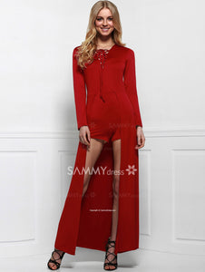 Slit Long Sleeve Lace-Up Romper - 64 Corp