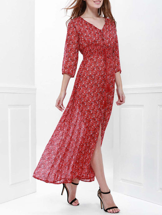 Printed High Slit Maxi Dress with Sleeves - Red - L - 64 Corp