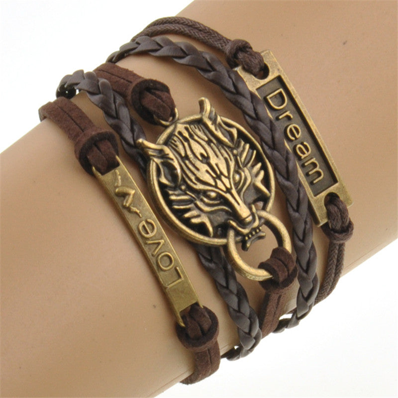 2016 Charm Boho Wolf Style Brown Rope Chain Bracelet Men Jewelry Bracelets For Women Pulseras Mujer With Nameplate Free Shipping - 64 Corp