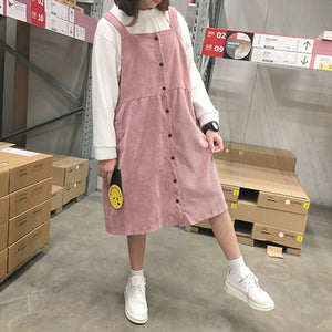Autumn and winter women's new corduroy dress student campus style solid colour loose Medium and long Strap dress - 64 Corp