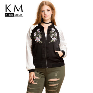 Kissmilk Plus Size Fashion Women Clothing Casual Preppy Style Embroidery Print Outwear Basic Jacket Zipper Big Size Jacket Coat - 64 Corp