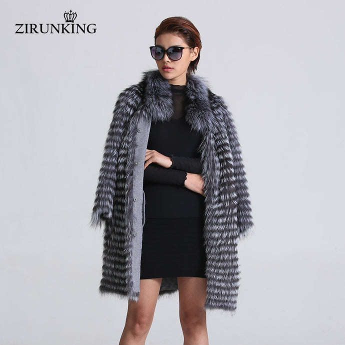 ZIRUNKING Women Real Silver Fox Fur Coats Fashion Fur Jacket Striped Style Overcoat Women Fox Fur Outerwear Clothes ZCW-02YL