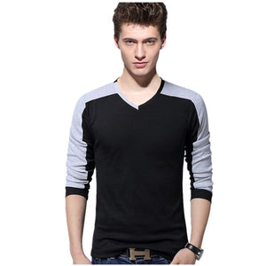 Big size cotton t shirt  Spring/autumn fashion mens T-shirt homme men's long sleeved V-neck patchwork color casual T-shirts - 64 Corp