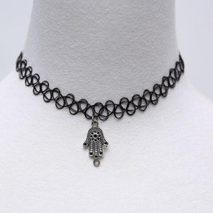 Vintage Black Tattoo Choker Necklace Pendant Retro Elastic Stretch Gothic 80s Handmade Grunge Henna Necklaces for women - 64 Corp
