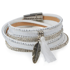 Rhinestone Feather Wide Multilayer Leather Bracelet Magnetic Tassel Bracelet Women Wrap Charm Boho Bohemian Bracelets Bangle Men - 64 Corp