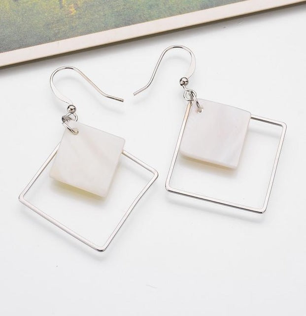 2017 New Minimalist Brief Cool Style Silver Plated Alloy Square White Shell Dangle Fashion Earrings For Women Jewelry Brincos - 64 Corp