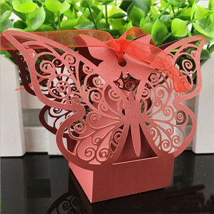 10Pcs/set Butterfly Laser Cut Hollow Carriage Favors Box Gifts Candy Boxes With Ribbon Baby Shower Wedding Event Party Supplies - 64 Corp