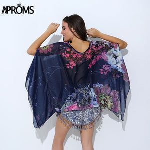 Boho Batwing Sleeve Chiffon Blouse Women Casual Floral Print Loose Kimono Shirts Big Size Beach Tunic Tops Peplum Blusa Robe - 64 Corp