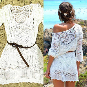2016 summer women lace crochet biquini dress for ladies boho half sleeve white hollow out sexy mini dress femme without belt - 64 Corp