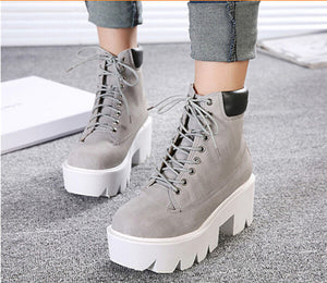 PXELENA Punk Gothic women Ankle Boots Lace up Chunky Block Square High Heel platform Creeper round toe Fashion Ankle Boots shoes - 64 Corp