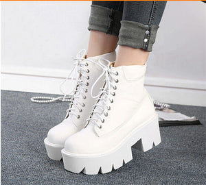 PXELENA Punk Gothic women Ankle Boots Lace up Chunky Block Square High Heel platform Creeper round toe Fashion Ankle Boots shoes - 64 Corp