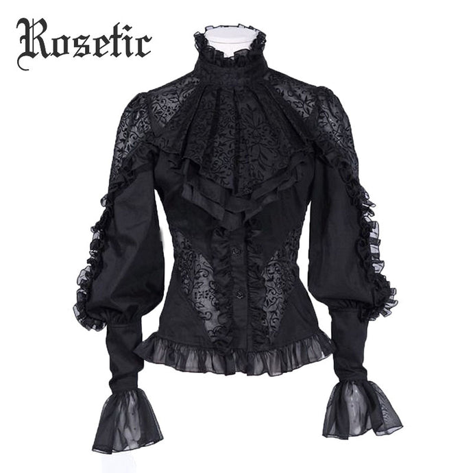 Rosetic Gothic Chiffon Shirts Spring Black Long Sleeve Slim Hollow Lace Fall Long Sleeve Stand Collar Solid Gothic Chiffon Shirt - 64 Corp