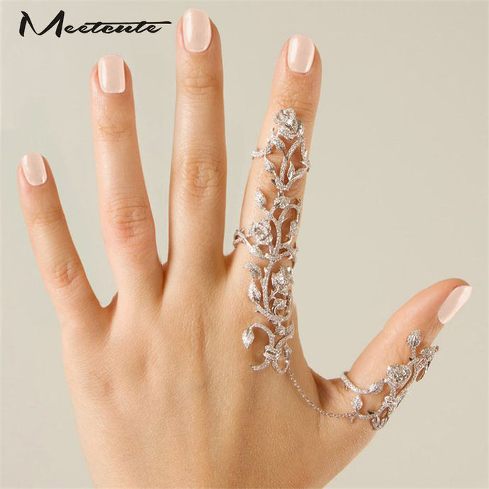 Meetcute Hot-Selling Occident  Women Chic Alloy+Rhinestone Shiny Crystal Floral Ring Celebrity Party Connect Full 2 Finger Rings - 64 Corp