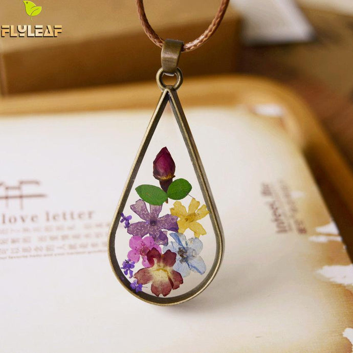 Flyleaf Handmade Vintage Style Natural Dried Flowers Long Necklaces & Pendants For Women Retro Girl Gift Bronze Jewelry - 64 Corp