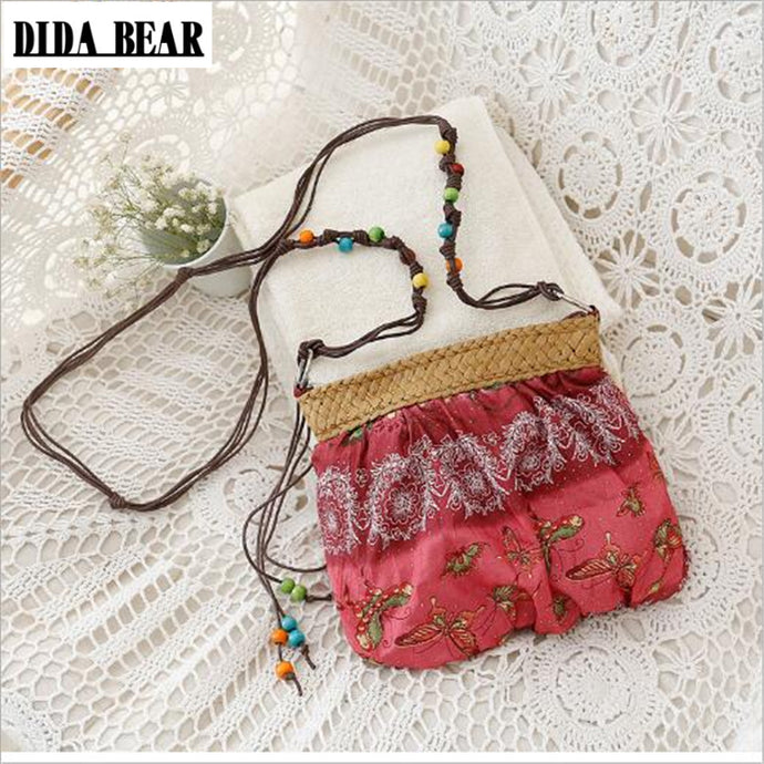 DIDA BEAR 2017 New Boho Bohemia Exotic Floral Straw Weave Strap Cloth Handbag Beach Messenger Bag Small Crossbody Bags Red Blue - 64 Corp