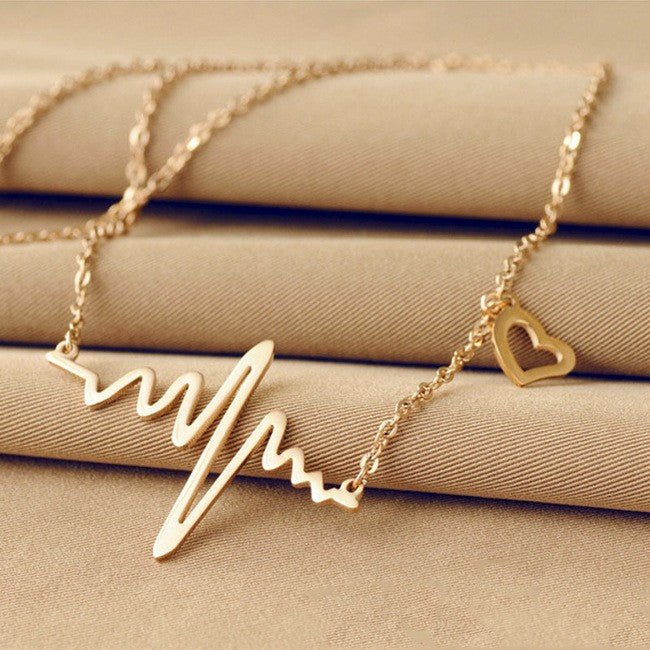 Hot Simple Wave Heart Necklace Chic ECG Heartbeat Gold Colour Pendant Charm Lightning Chocker Necklace for Women Vintage Jewelry - 64 Corp