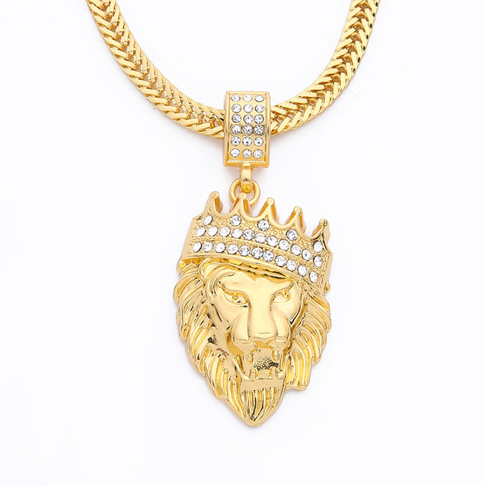 New Color Gold color Alloy 78cm Chain Men Lion Head Pendant Inlay Rhinestone Necklace HipHop Lion King Crown Franco Chain - 64 Corp