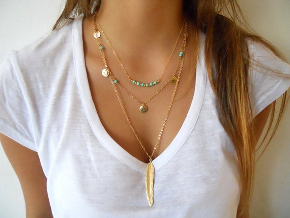 2017 New Fashion Boho Women's Simple Chain Multilayer Necklace Feather Pendant Sequins Tassel Necklace - 64 Corp