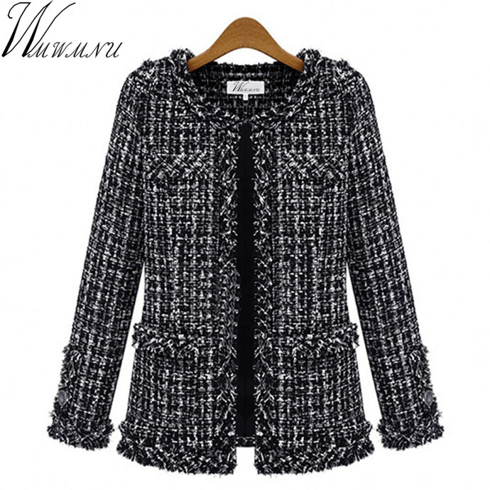 Wmwmnu Autumn winter women jacket Slim thin checkered Tweed coat Large size casual O-Neck Plaid Jacket with pocket outwear ls462 - 64 Corp
