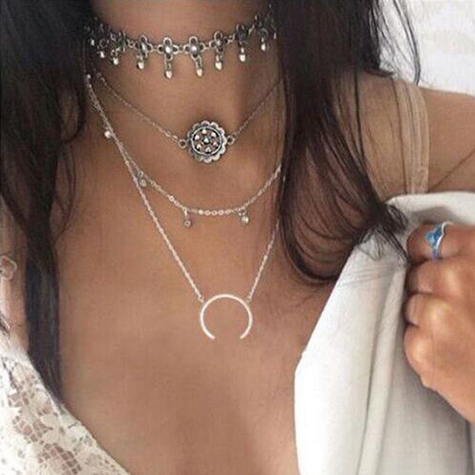 Retro Flower Tibetan silver layered chokers necklace women 2017 popular necklaces boho statement necklace bijouterie - 64 Corp