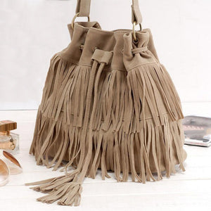 Suede Drawstring Bucket Bag Women Handbag Faux Fringe Tassel Shoulder Crossbody Messenger Bag Boho Style - 64 Corp