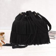 Suede Drawstring Bucket Bag Women Handbag Faux Fringe Tassel Shoulder Crossbody Messenger Bag Boho Style - 64 Corp