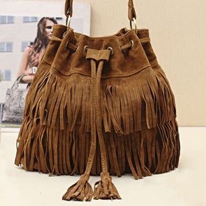 Suede Drawstring Bucket Bag Women Handbag Faux Fringe Tassel Shoulder Crossbody Messenger Bag Boho Style - 64 Corp