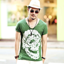 Mens Deep V Neck T Shirt Summer green cotton Mens skull print thin slim V neck T-shirt Plus Size M-XXL #T99 - 64 Corp