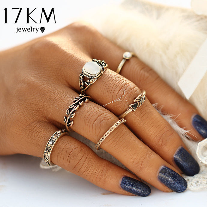 17KM Retro Style Vintage Leaf Boho Jewelry Unique Carving Tibetan Gold Color Rings for Woman 6PCS/Set Punk Opal Ring Sets - 64 Corp
