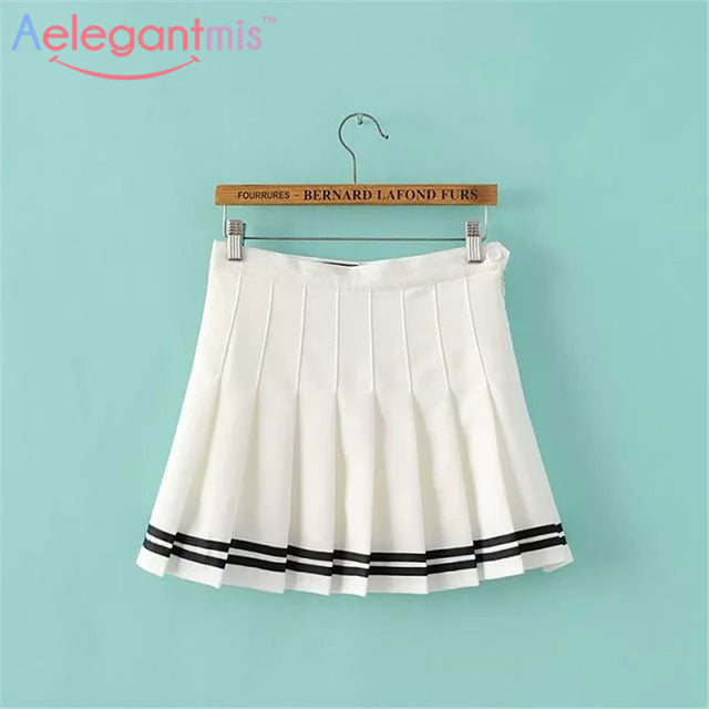 Aelegantmis Sweet Pleated Skirt Women Preppy Style Mini High Waist Skirt Girls Vintage Black White Cute School Uniforms Skirts - 64 Corp