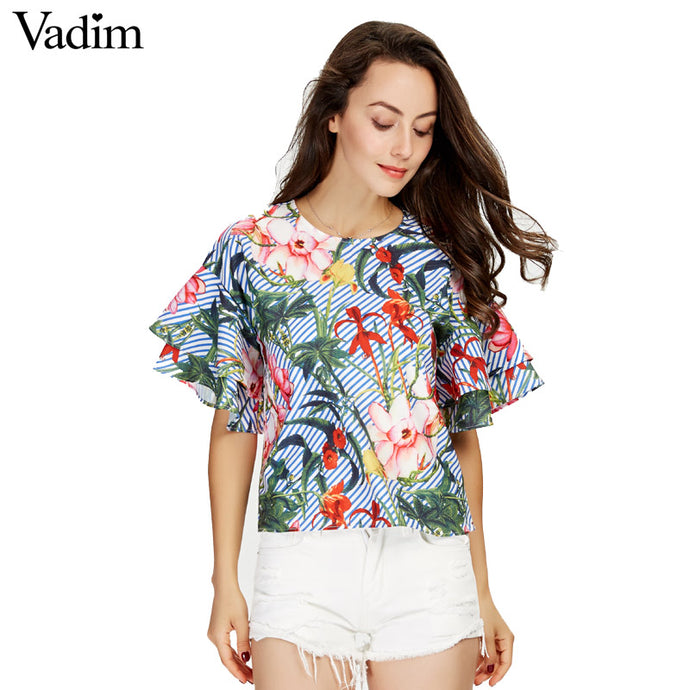 Vadim women sweet ruffles loose floral shirts short sleeve o neck blouse European style flower print tops blusas DT1052 - 64 Corp