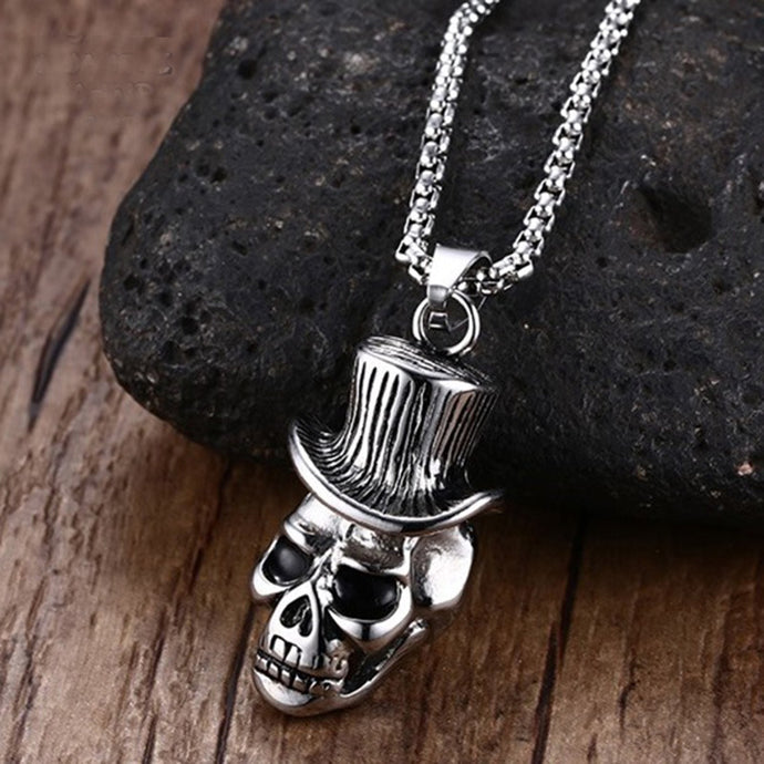 Men's Skull Wind Hat Gentleman Rock & Roll Cowboy Pendant Necklace Stainless Steel Vintage Punk Halloween Jewelry with 24inch - 64 Corp