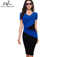 Nice-forever Vintage Elegant ColorBlock Patchwork V-Neck Bodycon Women Office Wear to Work Plus Size Business Dress B384 - 64 Corp
