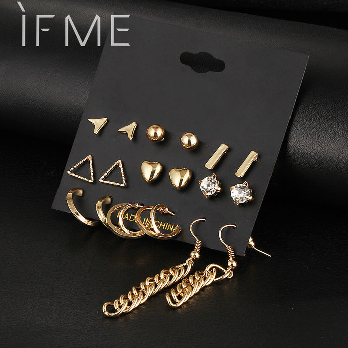 9 pcs/Set Crystal Heart Gold Color Stud Earrings Tassel Triangle Vintage Silver Color Earring Set For Women Jewelry Oorbellen - 64 Corp