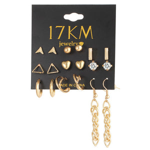 9 pcs/Set Crystal Heart Gold Color Stud Earrings Tassel Triangle Vintage Silver Color Earring Set For Women Jewelry Oorbellen - 64 Corp