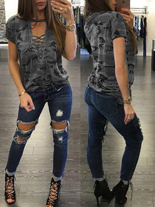 Ladies Short Sleeve Camouflage Loose Blouse - 64 Corp