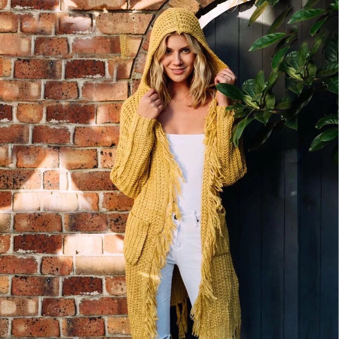Yellow knitted boho sweater long cardigans 2017 chic winter long sleeve tassel decoration hooded loose Hippie women sweater coat - 64 Corp