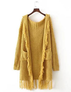Yellow knitted boho sweater long cardigans 2017 chic winter long sleeve tassel decoration hooded loose Hippie women sweater coat - 64 Corp