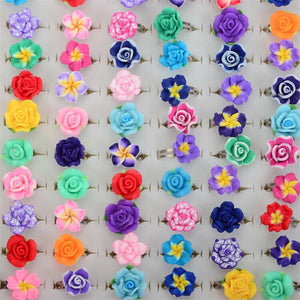 CHIC Wholesale Lots 10pcs Colorful Rose Flower polymer clay Children Rings Adjustable size Kids Gift Drop Ship - 64 Corp