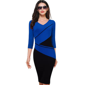 Nice-forever Vintage Elegant ColorBlock Patchwork V-Neck Bodycon Women Office Wear to Work Plus Size Business Dress B384 - 64 Corp