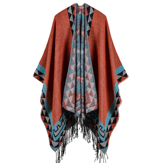 Autumn Winter Boho Women Knitted Shawl Poncho Faux Cashmere Geometric Pattern Tassel Oversized Warm Long Cape Scarf cachecol - 64 Corp