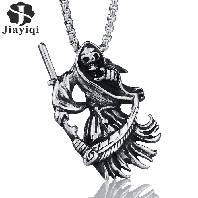 Jiayiqi Punk Gothic Jewelry Retro Punk Skeleton Charm Pendant Stainless The Death Grim Reaper Necklace For Men Best Gifts - 64 Corp
