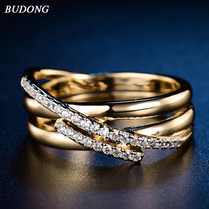 BUDONG Top New Antique Mosaic AAA Zircon Crystal Vintage Gold-Color Cross Ring Women Wedding Finger Luxury Bijoux XUR580 - 64 Corp