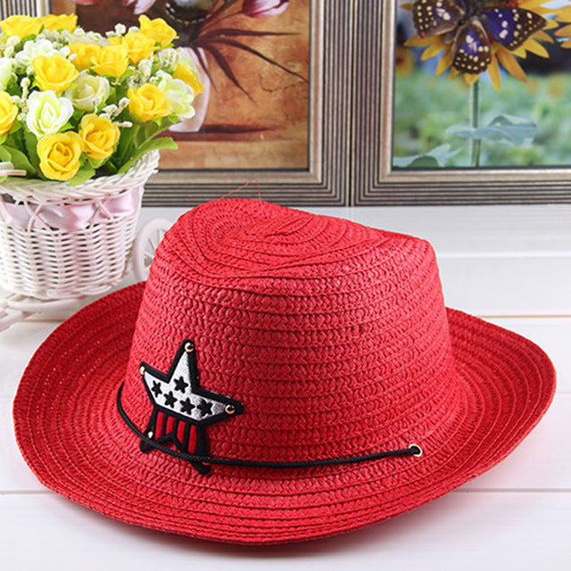 Summer Autumn 54cm Children Caps Cowgirls Cowboy Hats for Kids Stars Pattern Straw Caps with Cable,Funny Birthday Party Hats - 64 Corp